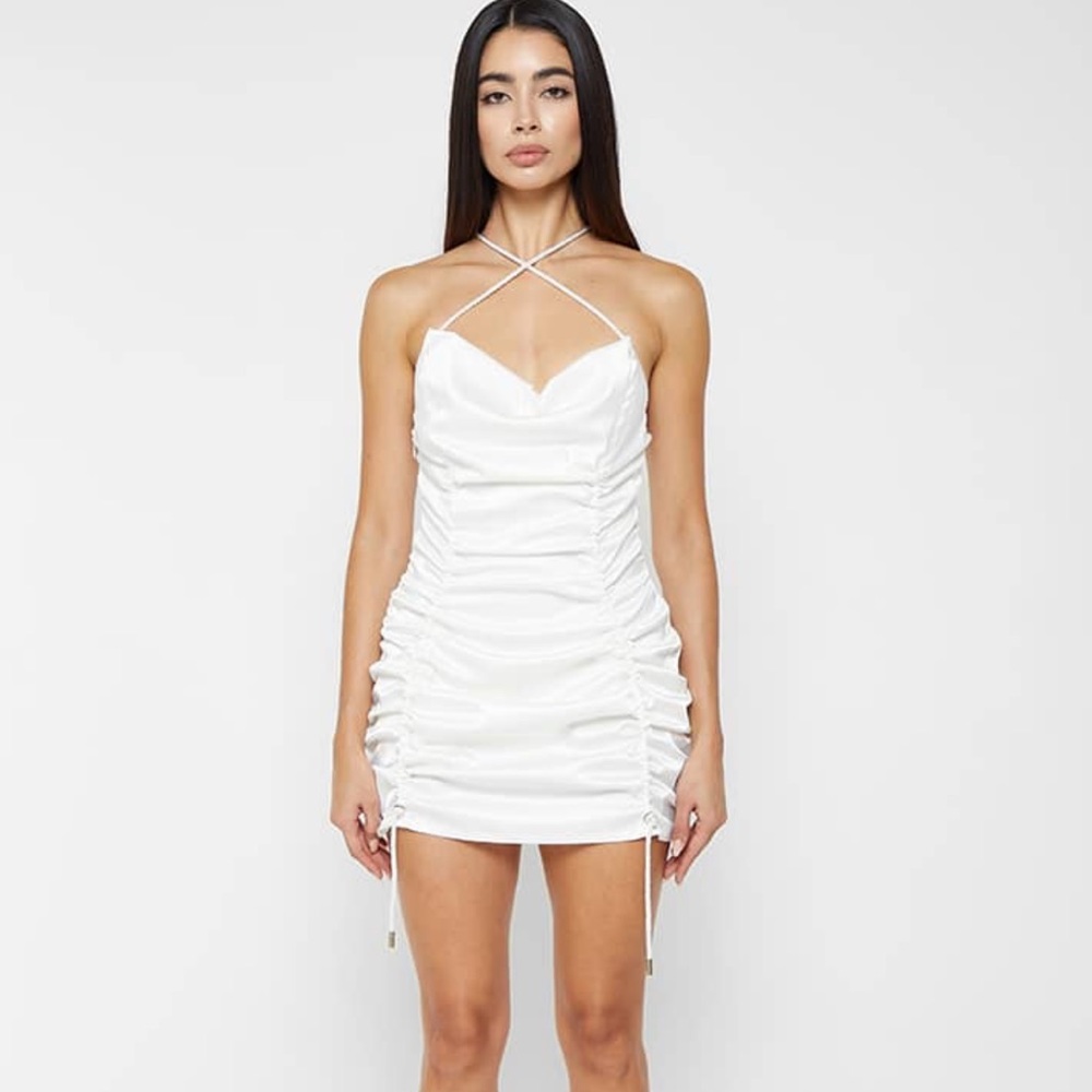 White Ruched Satin Mini Dress - Picture 2 of 5